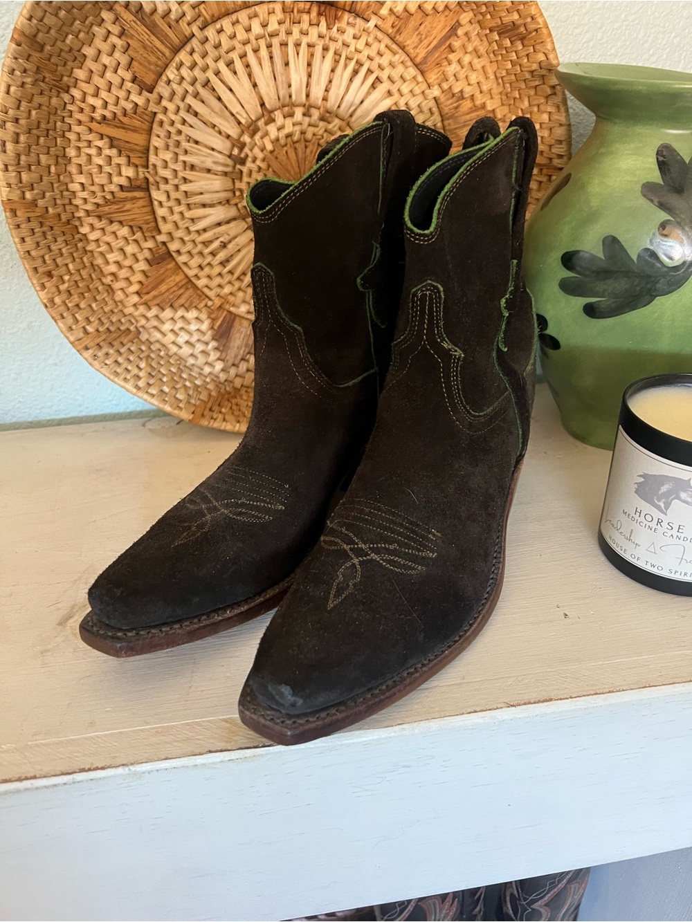 Lucchese Elena Olive Suede Western Booties Size 6.5B
